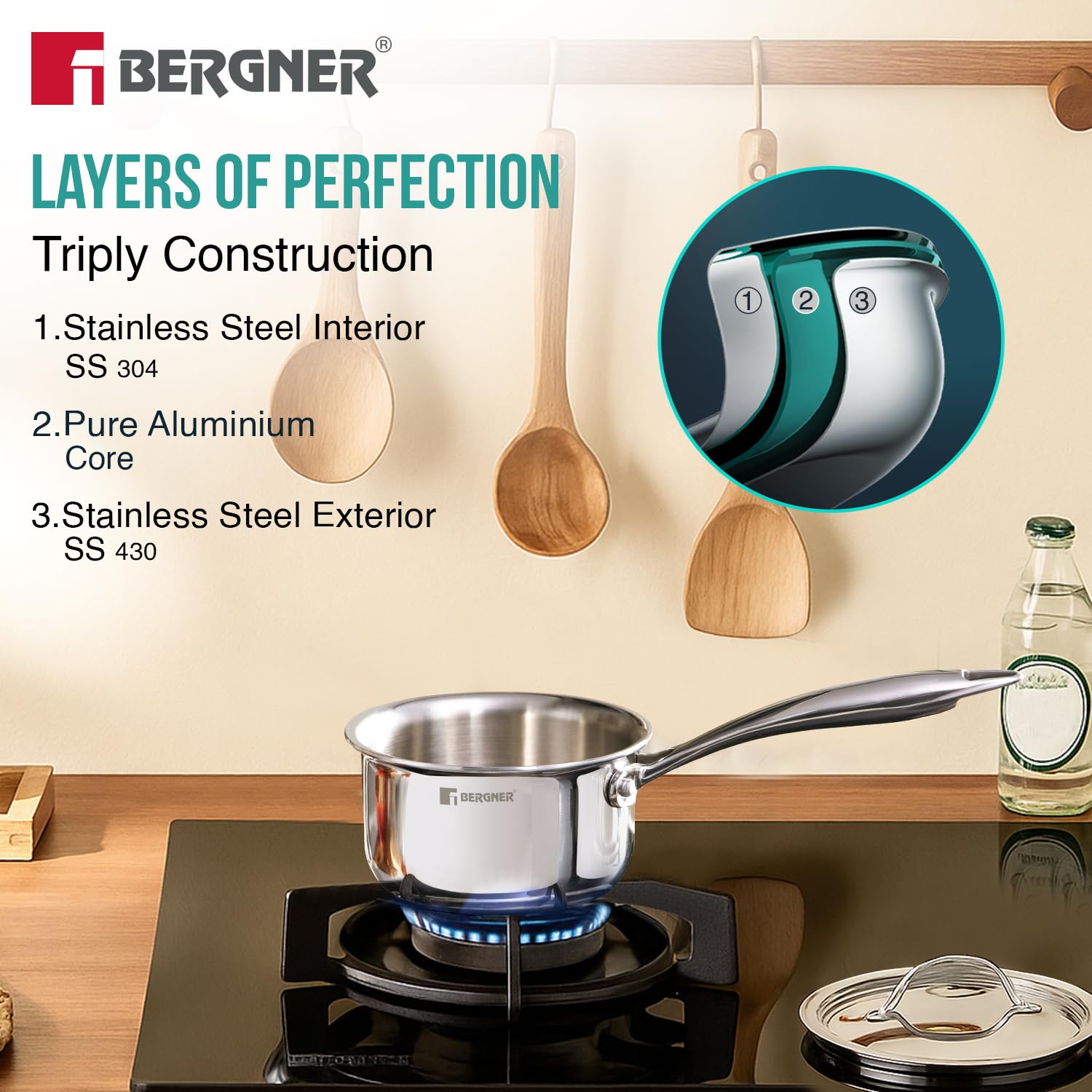 Bergner Argent Junior Chef TriPly Stainless Steel Sauce Pan with Lid