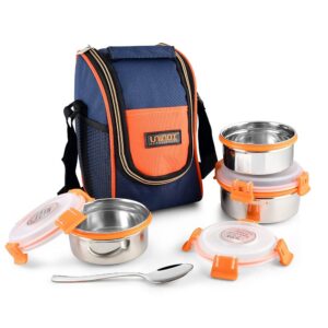 uninox Trendy Stainless Steel Lunch Box Set of 3 Pcs (300ml, 300ml, 450ml) with 1 Steel Spoon for Office, Picnic, Student | BPA Free | Orange | Leak Proof | Hot Food