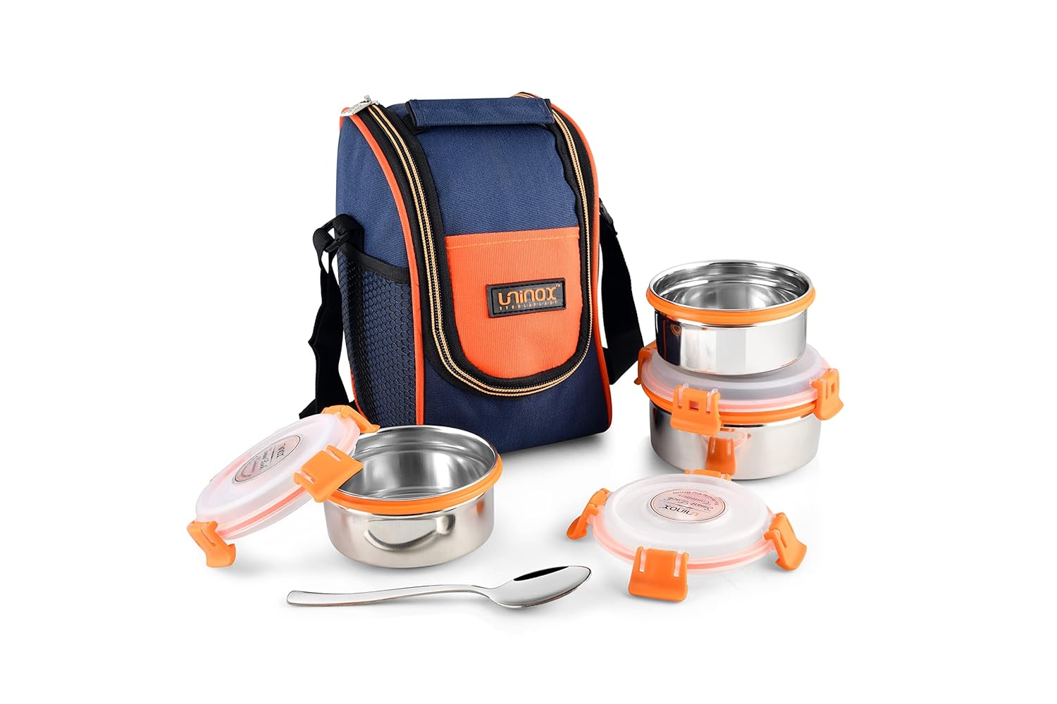 uninox Trendy Stainless Steel Lunch Box Set of 3 Pcs (300ml, 300ml, 450ml) with 1 Steel Spoon for Office, Picnic, Student | BPA Free | Orange | Leak Proof | Hot Food