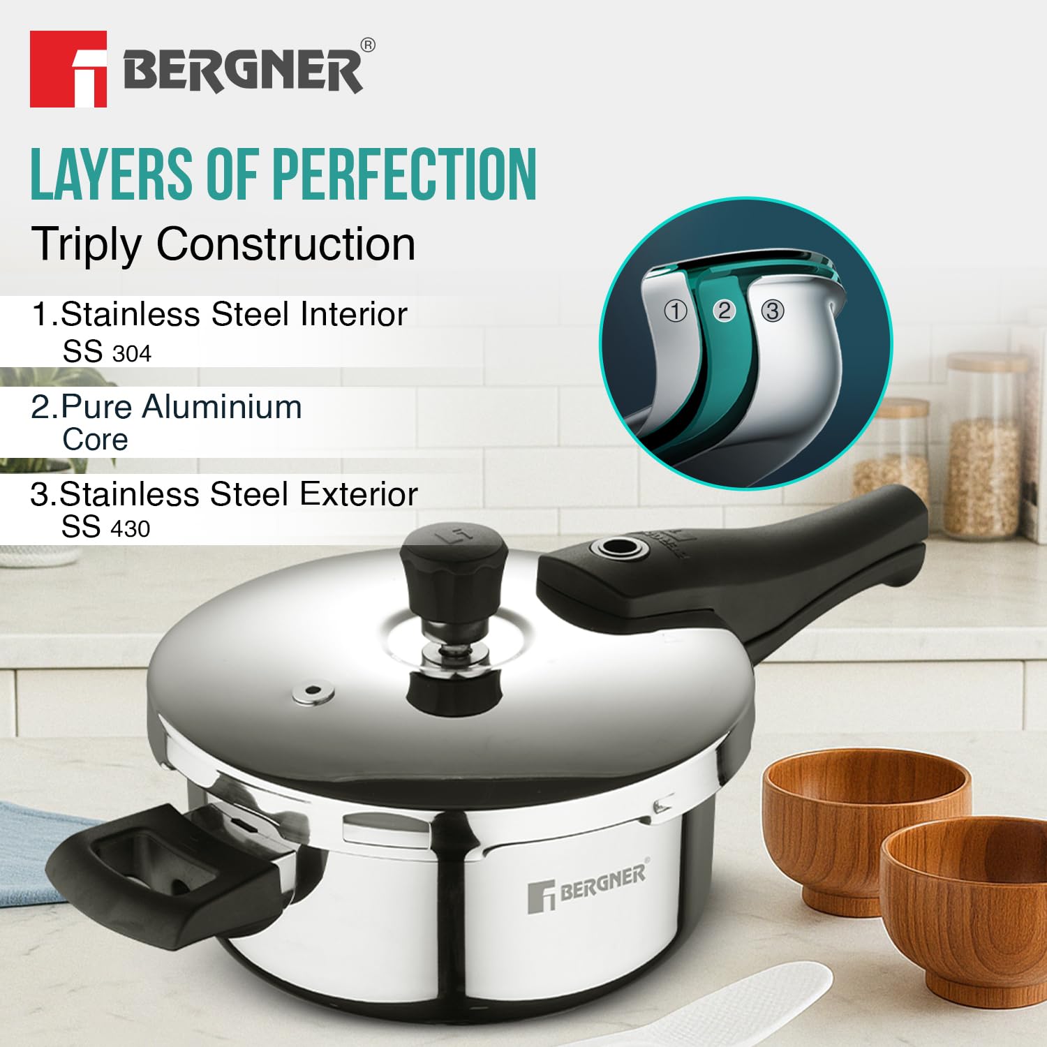 Bergner Argent Triply Stainless Steel Pressure Cooker