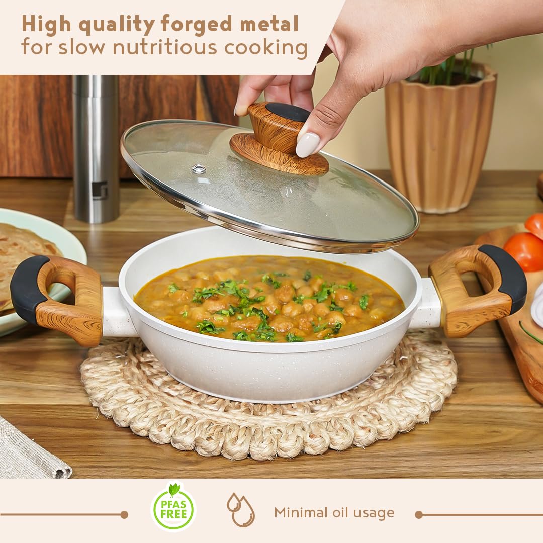 Bergner Naturally Forged Aluminum Kadai with Glass Lid