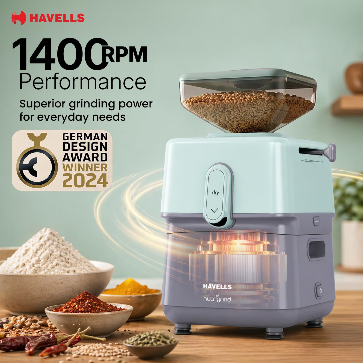 Havells Nutri Grind 3 in 1 Wet & Dry Grinder with 400W High Torque Induction Motor