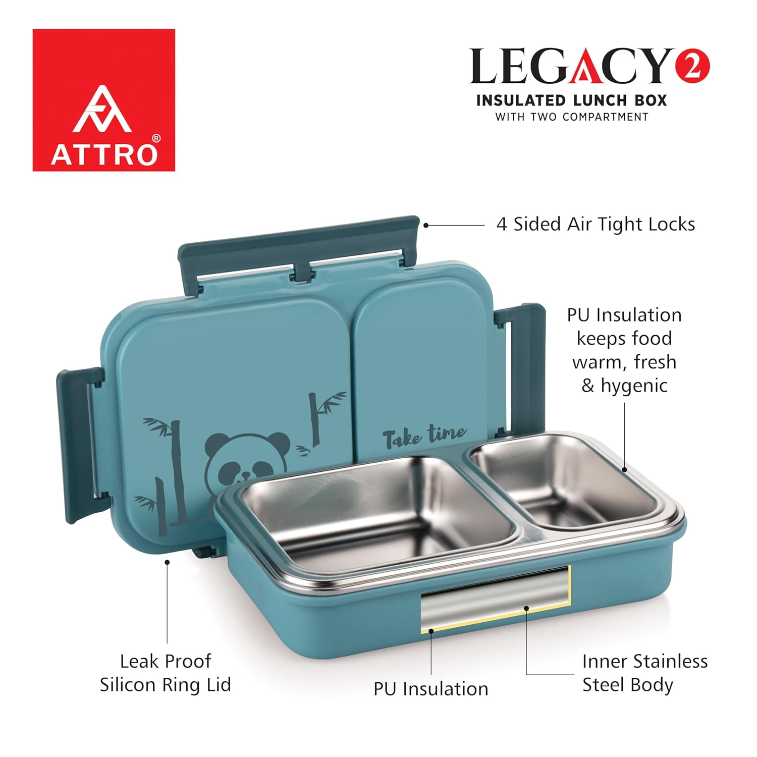 Attro Legacy Stainless Steel 2 Compartment Lunch Box