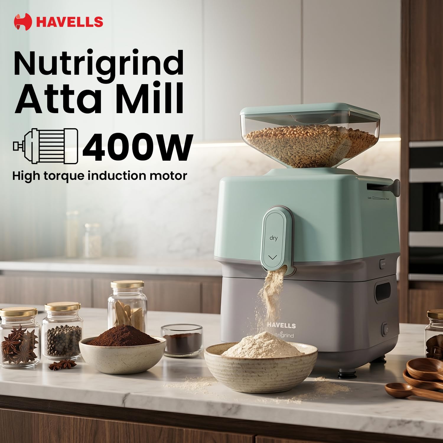 Havells Nutri Grind 3 in 1 Wet & Dry Grinder with 400W High Torque Induction Motor