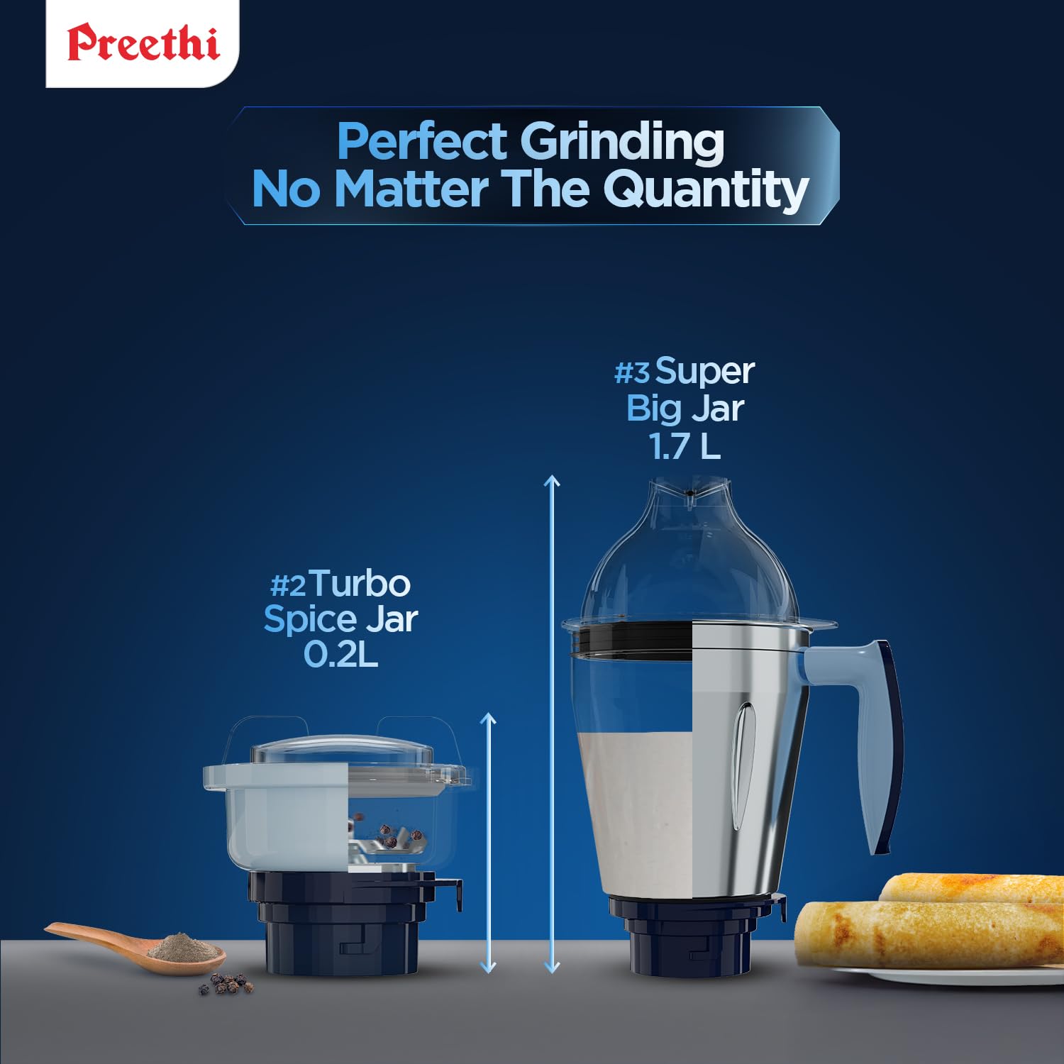 Preethi Blue Leaf Titanium 1000 Watts Mixer Grinder, 7 Jars (4 Stainless Steel Jars, Juicer, Blender), Superfine Grinding for Masalas, Chutneys and Batters, 2 Year Warranty, Lifelong Free Service,Blue - Image 2
