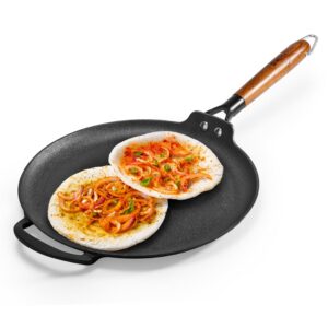 Ferro Light-Weight Cast-Iron Dosa Tawa | Pre-Seasoned with 100% Vegetable Oil | 40% Lighter Than Regular Cast-Iron Cookware | Cool-Touch Real Acacia Wood Handles | 10-Year Warranty
