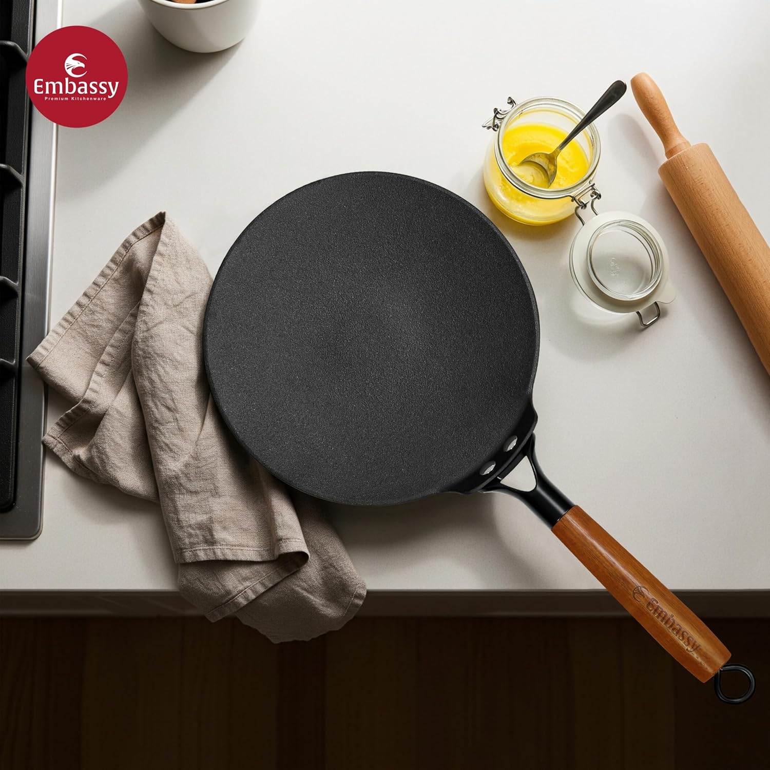 Embassy Touchstone Cast Iron Roti Tawa with Wooden Handle