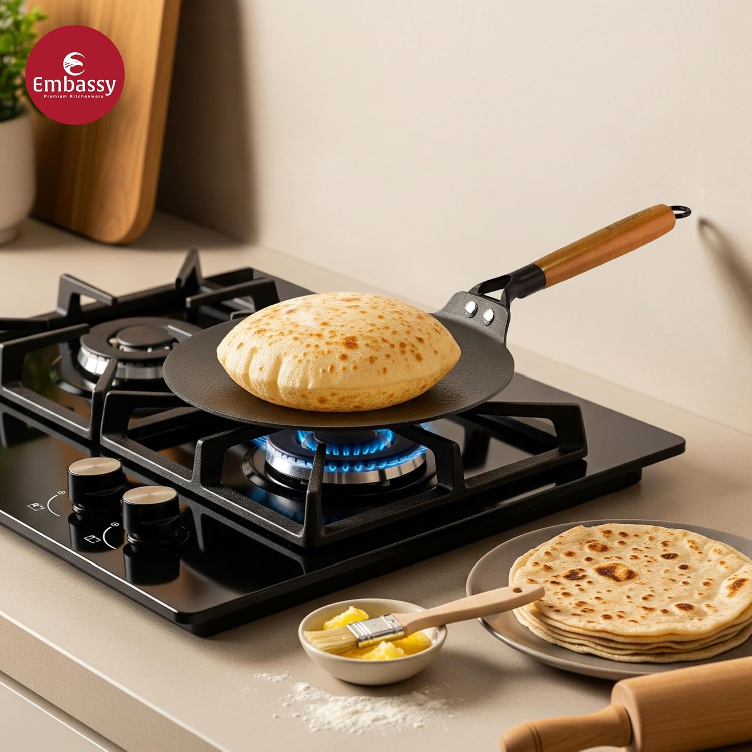 Embassy Touchstone Cast Iron Roti Tawa with Wooden Handle