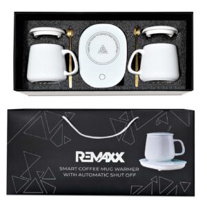 Remaxx Smart 16W Coffee & Tea Mug Warmer Plate With 2 350ml Ceramic Mug, 2 Lids & 2 Stirring Spoon| Auto On/Off | Touch Control | 2 Round Pin Plug | Maintains Temperature (Does Not Boil) (Coffee Warmer Plate + 2 Mug + 2 Coaster + 2 Stirring Spoon)