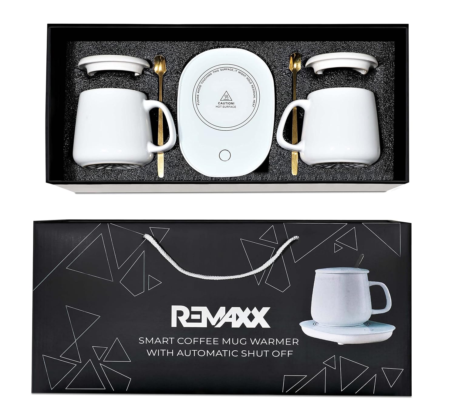 Remaxx Smart 16W Coffee & Tea Mug Warmer Plate With 2 350ml Ceramic Mug, 2 Lids & 2 Stirring Spoon| Auto On/Off | Touch Control | 2 Round Pin Plug | Maintains Temperature (Does Not Boil) (Coffee Warmer Plate + 2 Mug + 2 Coaster + 2 Stirring Spoon)