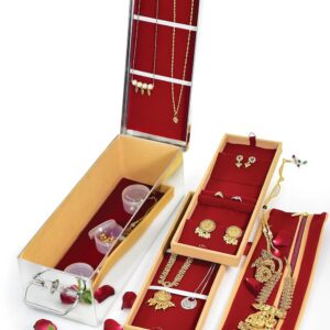 LIME Stainless Steel Large Traditional Jewellery Box for Locker Comes with 2 Velvet Trays,3 Fixed Plastic Boxes for Small Ornaments & Bangles,1 Velvet Pouch for Organizing & Safeguarding Jewellery