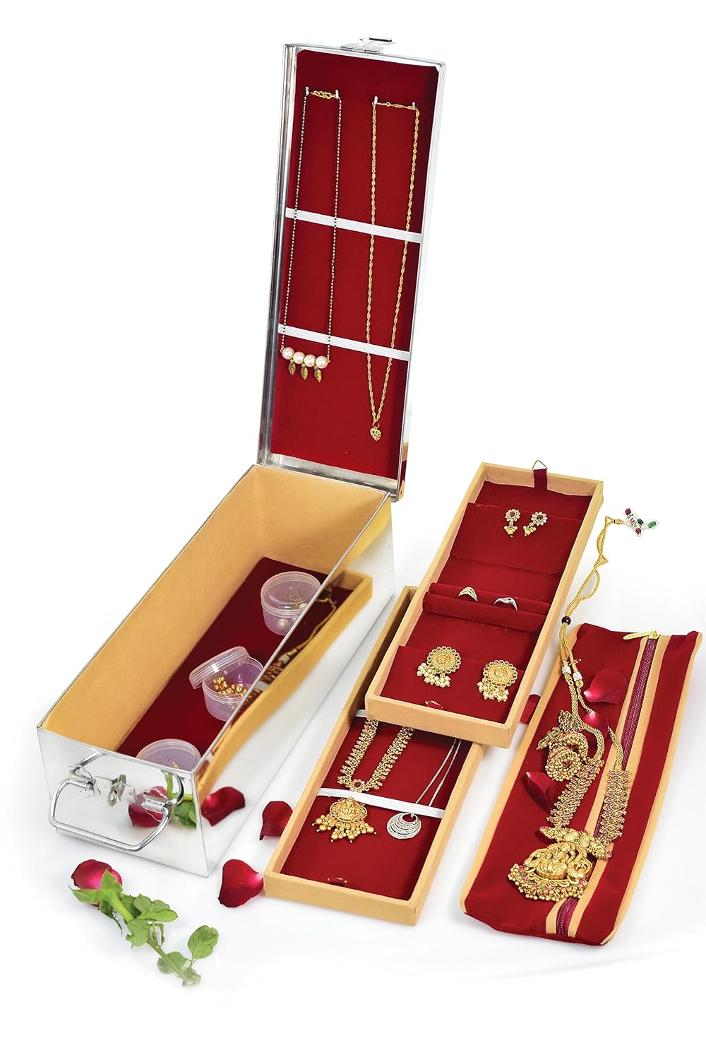 LIME Stainless Steel Large Traditional Jewellery Box for Locker Comes with 2 Velvet Trays,3 Fixed Plastic Boxes for Small Ornaments & Bangles,1 Velvet Pouch for Organizing & Safeguarding Jewellery