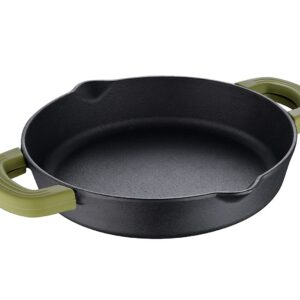 Bergner Elements Pre-Seasoned Cast Iron Shallow Kadai/ Baking Pan, 24cm, Induction & Gas Ready, with Attractive Stay Cool Olive Green Silicone Grips