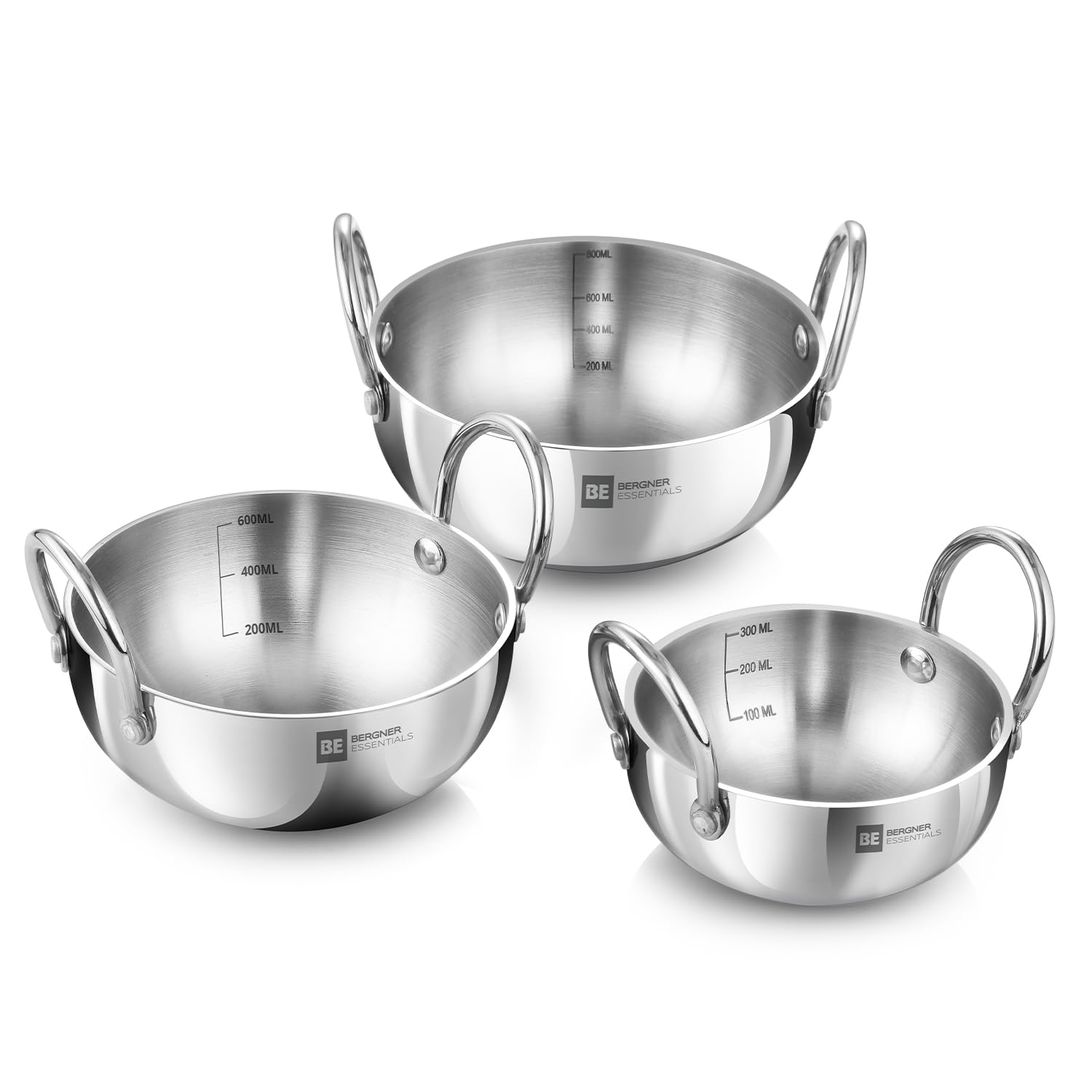 BERGNER BE Essentials Tri-Ply Stainless Steel Junior Kadai Set of 3 Pcs, Sizes 10 cm/0.35 L, 12 cm/0.6 L, 14 cm/ 0.8 L, 3 Pcs Mini Kadhai Set, Gas Stove Compatible, Silver, 5-Year Warranty