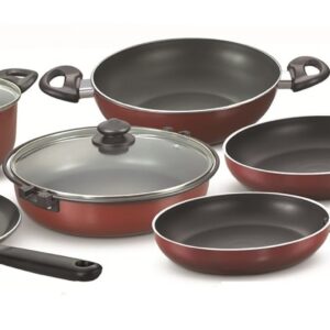 Prestige Omega Deluxe Gas Induction Base Non-Stick Kitchen Set, 6-Pieces, Red