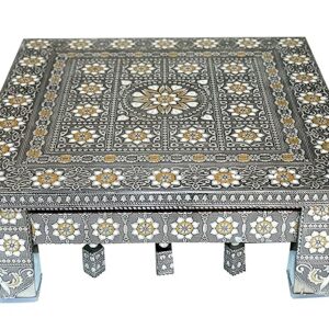 LIME Stainless Steel Oxidised Square Pooja Chowki/Bajot with Embossed Aluminium Art, Pooja Bajoth, Marriage Bajoth, Oxidised Silver