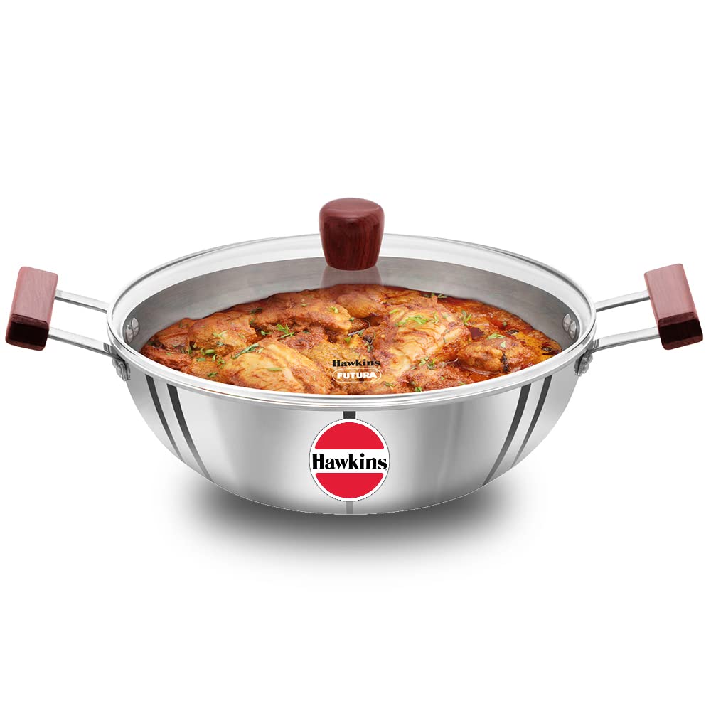 Hawkins Deep Kadhai, Triply Stainless Steel Kadai, Flat Bottom Induction Deep Kadhai, Silver