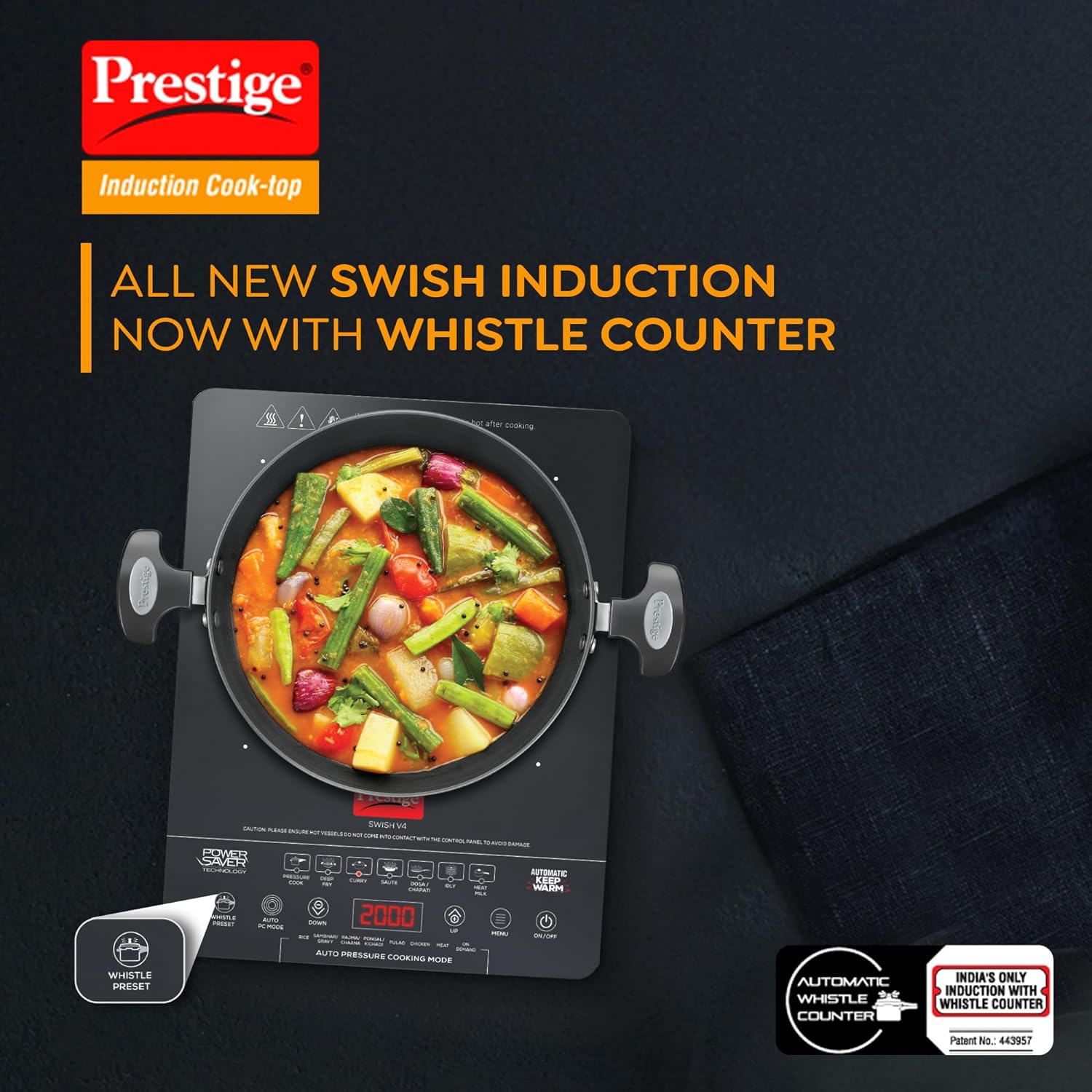 Prestige Swish V4 2000 W Induction Cooktop|Automatic Keep Warm|Power Saving Technology|Automatic Whistle Counter|Indian Menu Options|Black - Image 2