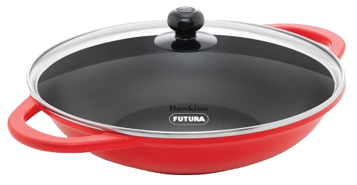 Hawkins 3 Litre Shallow Kadhai, Die Cast Non Stick Frying Pan with Glass Lid, Ceramic Coated Pan, Induction Shallow Frying Pan, Frying Pan, Red (IDCSK3G)