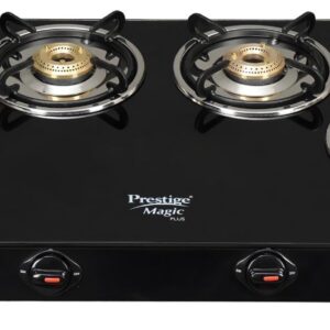 Prestige Magic plus Toughened Glass-Top(Long)4 Brass Burner LPG Gas Stove (GTMP-04L)| Black Spill Proof Design | Ergonomic Knob | Tri-Pin Burner