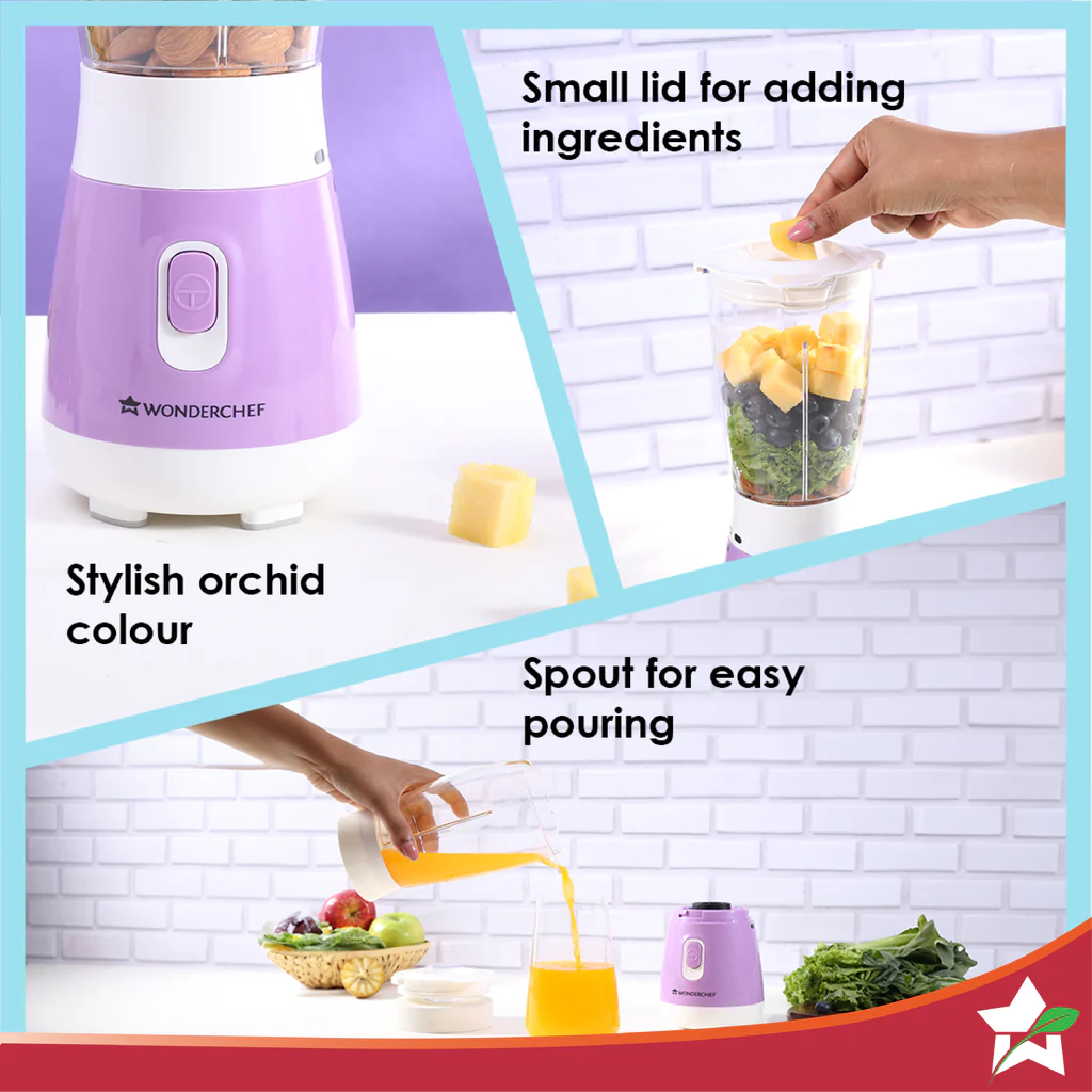 Wonderchef Orchid Personal Blender, 250W Copper Motor, 600ml Transparent Jar, Stainless Steel Blades for Perfect Blending, Hassle Free Blending of Fruits & Vegetable Juices, Protein Shakes, Smoothies - Image 4