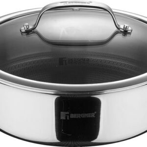 Bergner Hitech Tri-Ply Stainless Steel Non-Stick Cook & Serve 24 cm Pan (3.3 Liters) Cooking Pot with Glass Lid - Induction Bottom
