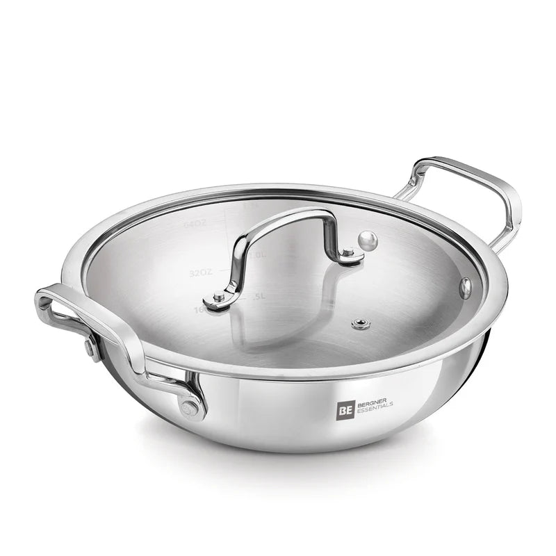 Bergner Essential Triply Stainless Steel Kadai with Glass Lid