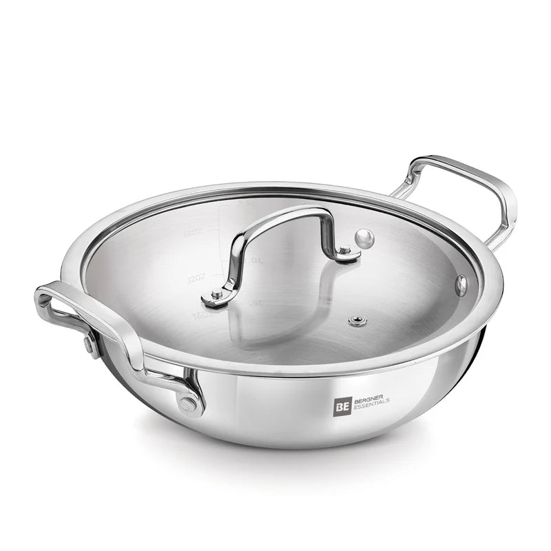 Bergner Essential Triply Stainless Steel Kadai with Glass Lid