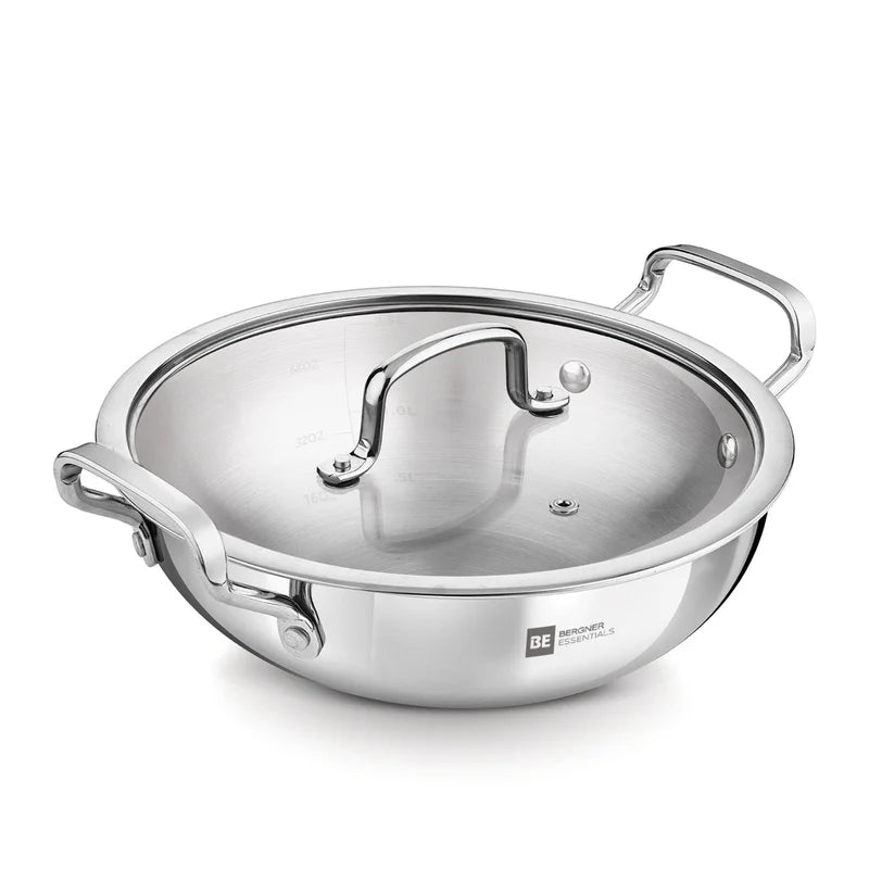 Bergner Essential Triply Stainless Steel Kadai with Glass Lid
