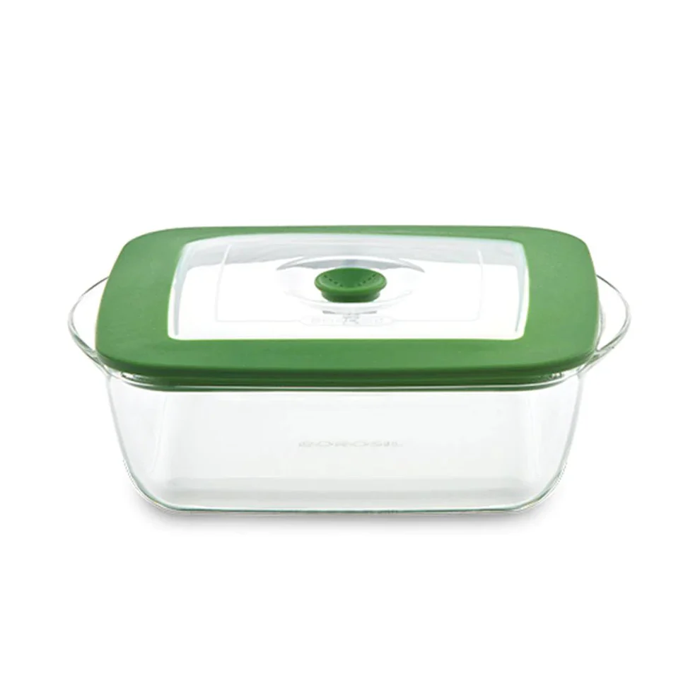 Borosil Dish-Square W/Green Lid 2.2Ltr