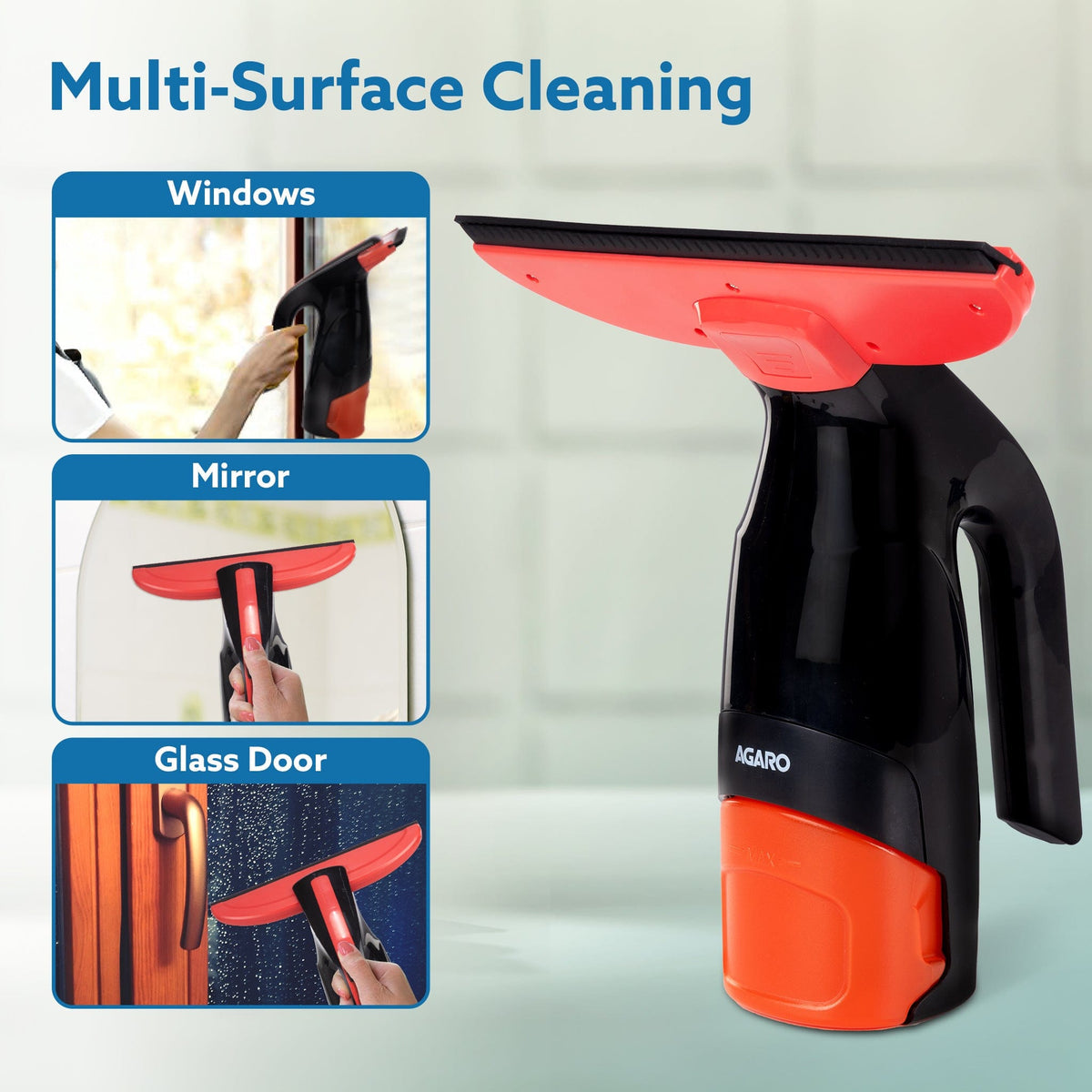 AGARO Delite Cordless Electric Glass Vacuum Cleaner, 28 cm Blade, 360 ml Spray Bottle, 200 ml Dirty Water Tank, 25 Min Runtime, Red & Black