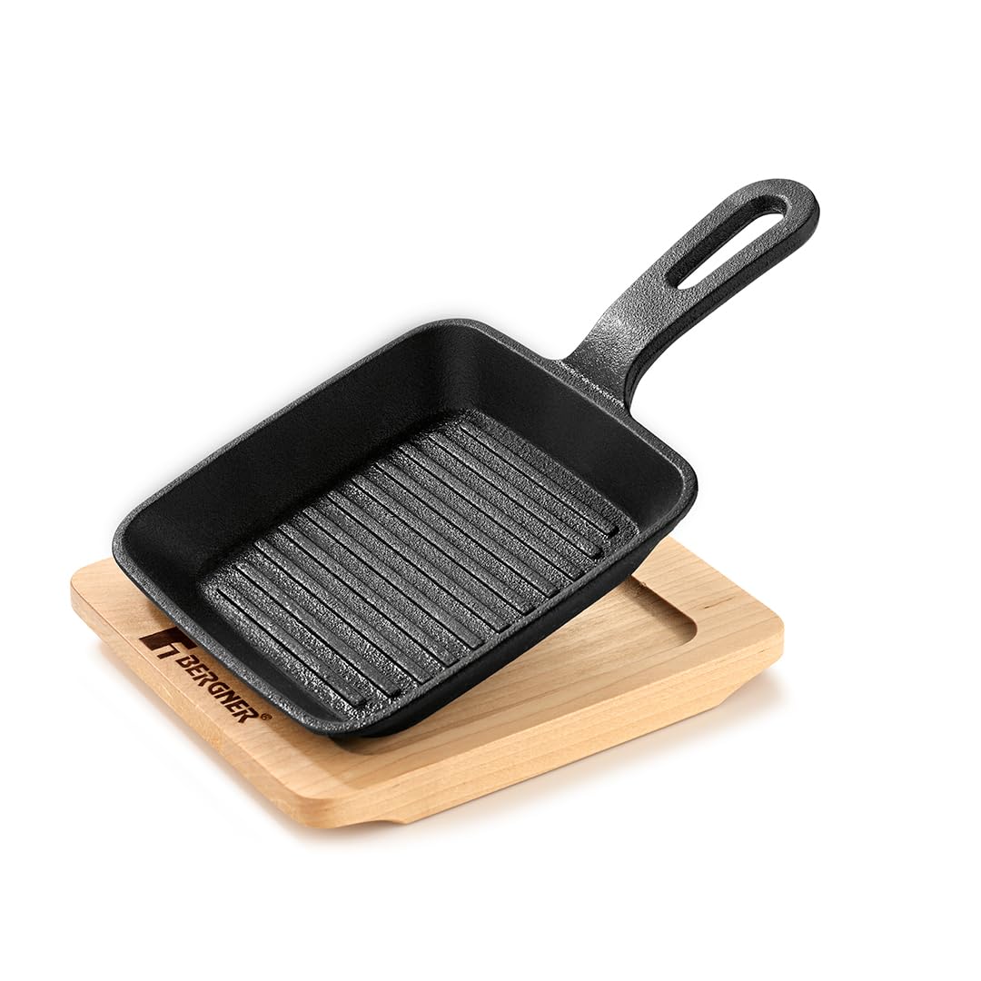 Bergner Mini Cast Iron Griddle Pan with Wooden Tray