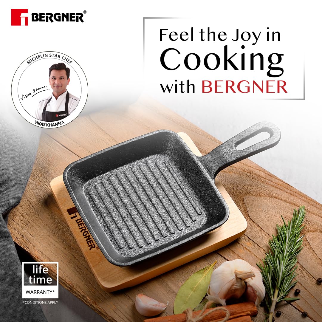 Bergner Mini Cast Iron Griddle Pan with Wooden Tray