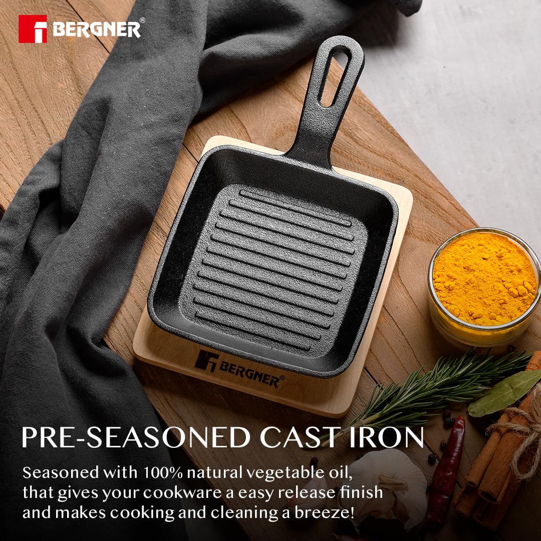 Bergner Mini Cast Iron Griddle Pan with Wooden Tray