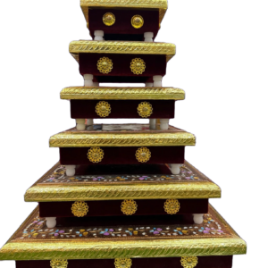 LIME Wooden Meenakari Puja Chowki Bajot - Single Piece | Velvet Sides, Golden Embossed Design | Pooja Chowki for Mandir, Home & Festival Decoration (Available in 6 Sizes)