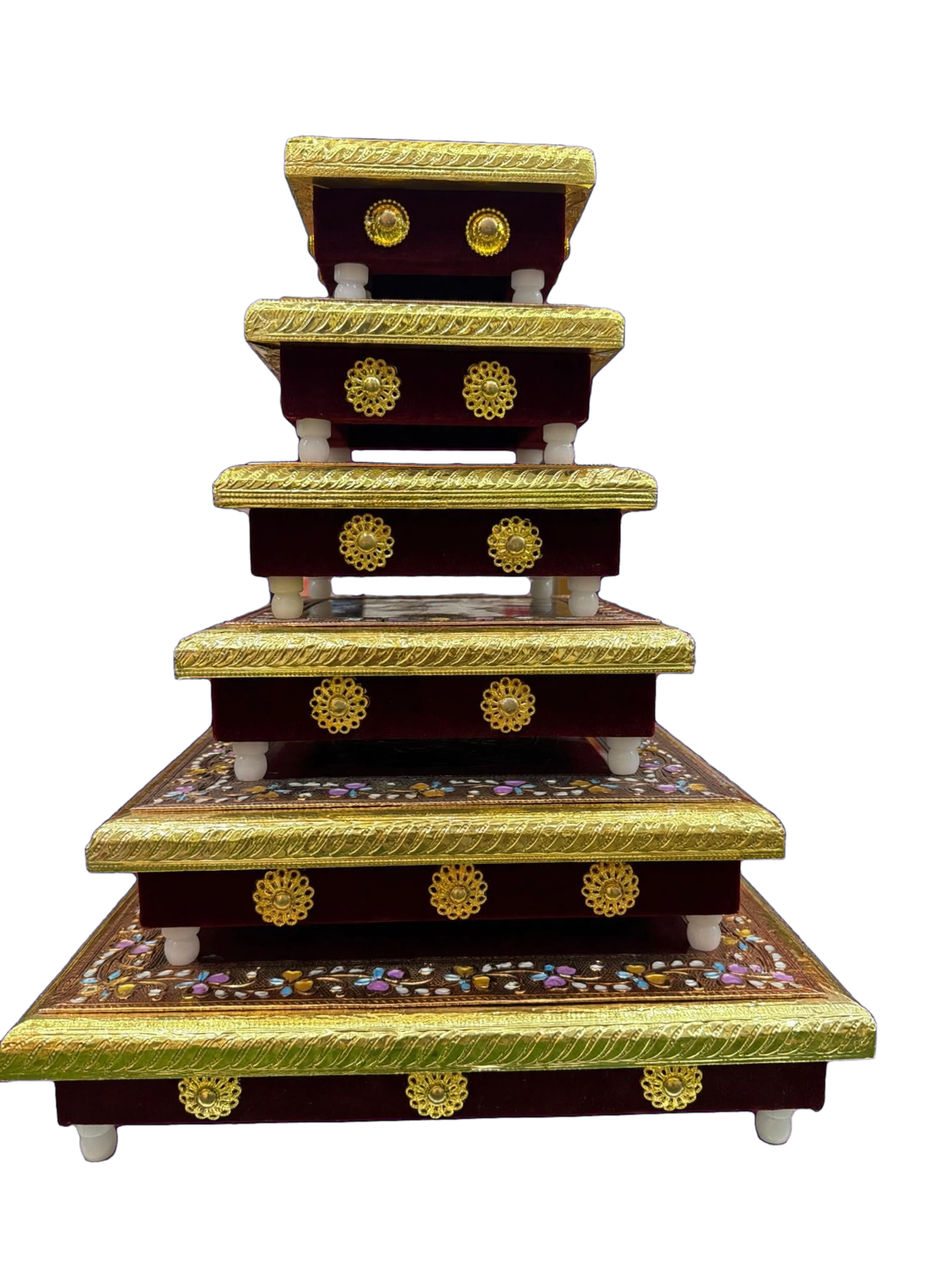 LIME Wooden Meenakari Puja Chowki Bajot - Single Piece | Velvet Sides, Golden Embossed Design | Pooja Chowki for Mandir, Home & Festival Decoration (Available in 6 Sizes)