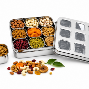 JVL Vista Air-Tight Dry Fruit & Spice Tin – Stainless Steel Storage Set with Removable 180ml Cups & See-Through Lid 9 Cups