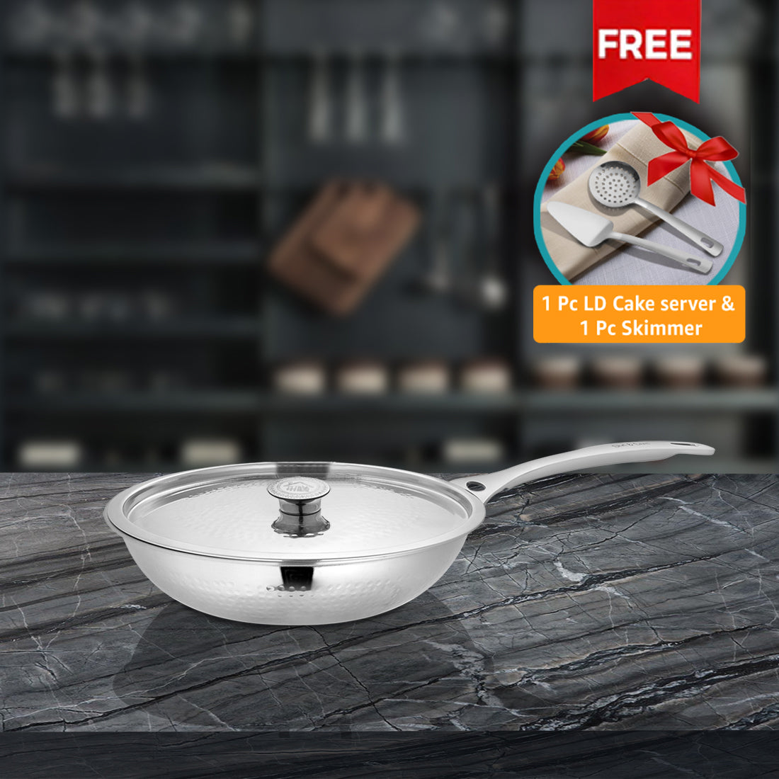 Stainless Steel Heavy Weight Hammered Fry Pan with SS Lid Platinum
