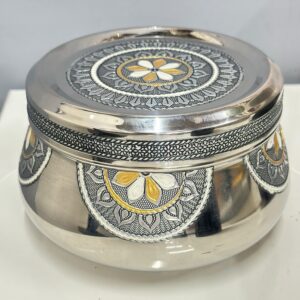 Lime Stainless Steel Belly Shape Dabba, Food storage Meenakari Work