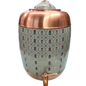 ATtro Kubera 11L Copper Water Dispenser with Hand-Painted Floral Design - Sea Green Flower Gold