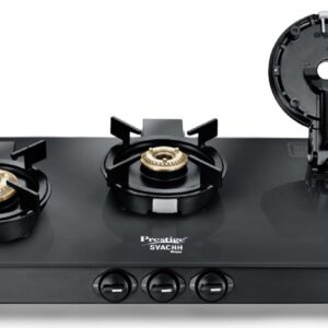 Prestige Svachh Neo 3 Burner Gas Stove | Easy Clean Design-3 Liftable Burners | Toughened Glass Top | Tri-Pin Brass Burners | 1 Jumbo Burner | Ergonomic Knob | Black | 5Y Glass Warranty |ISI Certified