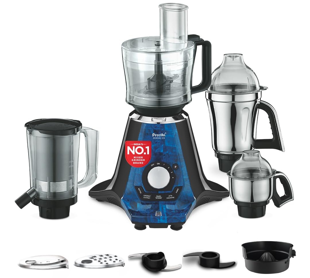 Preethi Zodiac 2.0 1000 Watts, Smart Mixer Grinder, 4 Jars (1 Food Processor Jar, 2 Stainless Steel Jars, Juicer Jar), Atta Kneading, Powerful Grinding, 2 Year Warranty, Lifelong Free Service, Blue