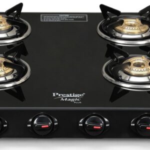 Prestige Magic Plus Gtmp 04 Sq Lp Open Gas Stove (Black, With Powder Coated Body, Glass Top And 4 U Brass Burners)