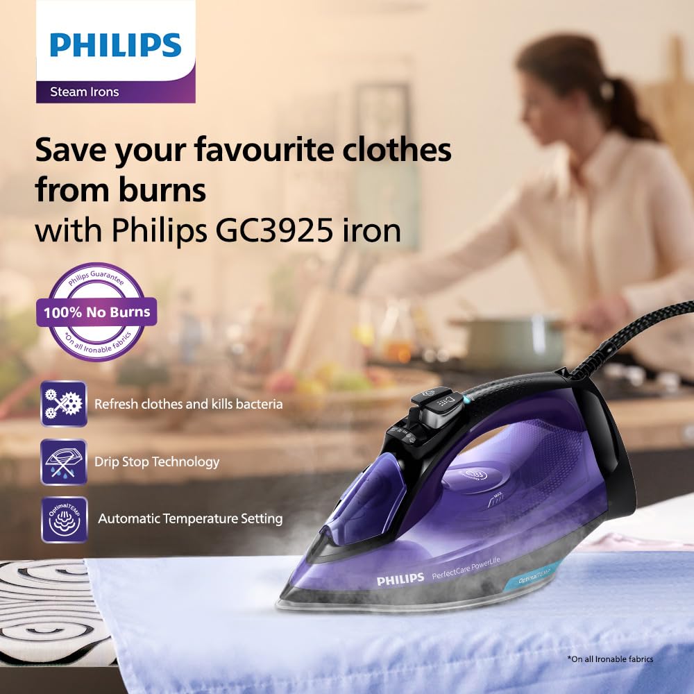 Philips Perfect Care Power Life Steam Iron GC3925/34, 2400W, up to 45 g/min steam Output, OptiTemp Technology, Steam Glide Plus Soleplate, Drip-Stop and Safety Shut-Off with No-Burns Guaranteed - Image 2