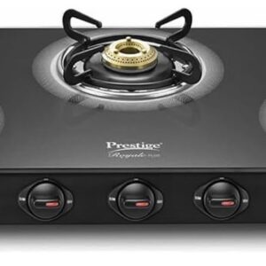 Prestige Royale Plus GT 03L Toughened Black Glass Top Gas Stove(Manual, 3 Brass Burners, Black, Baati/Tandoor Stand Inside)
