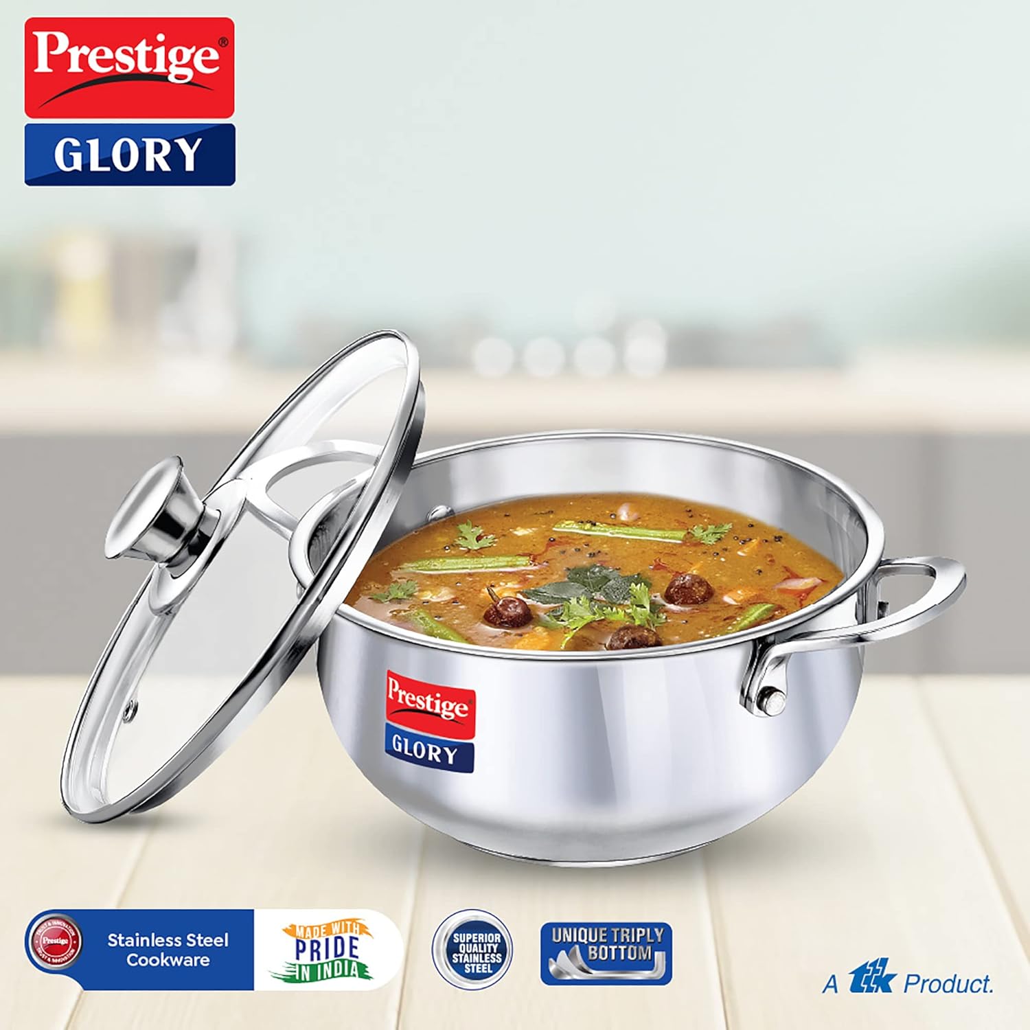 Prestige Glory Stainless Steel Cookware Kadai with Glass Lid - Image 2
