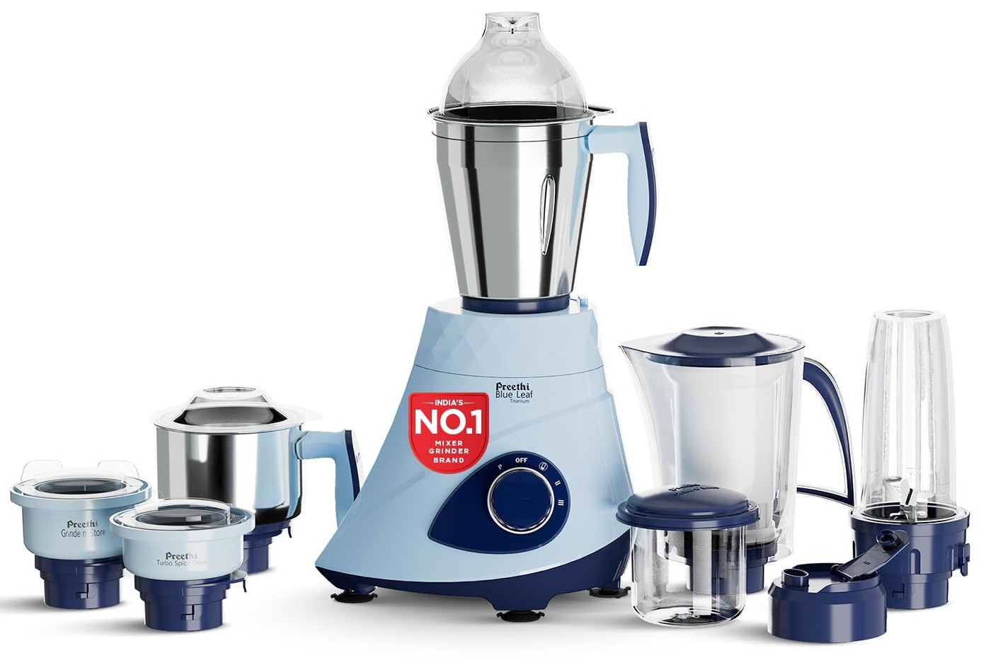 Preethi Blue Leaf Titanium 1000 Watts Mixer Grinder, 7 Jars (4 Stainless Steel Jars, Juicer, Blender), Superfine Grinding for Masalas, Chutneys and Batters, 2 Year Warranty, Lifelong Free Service,Blue