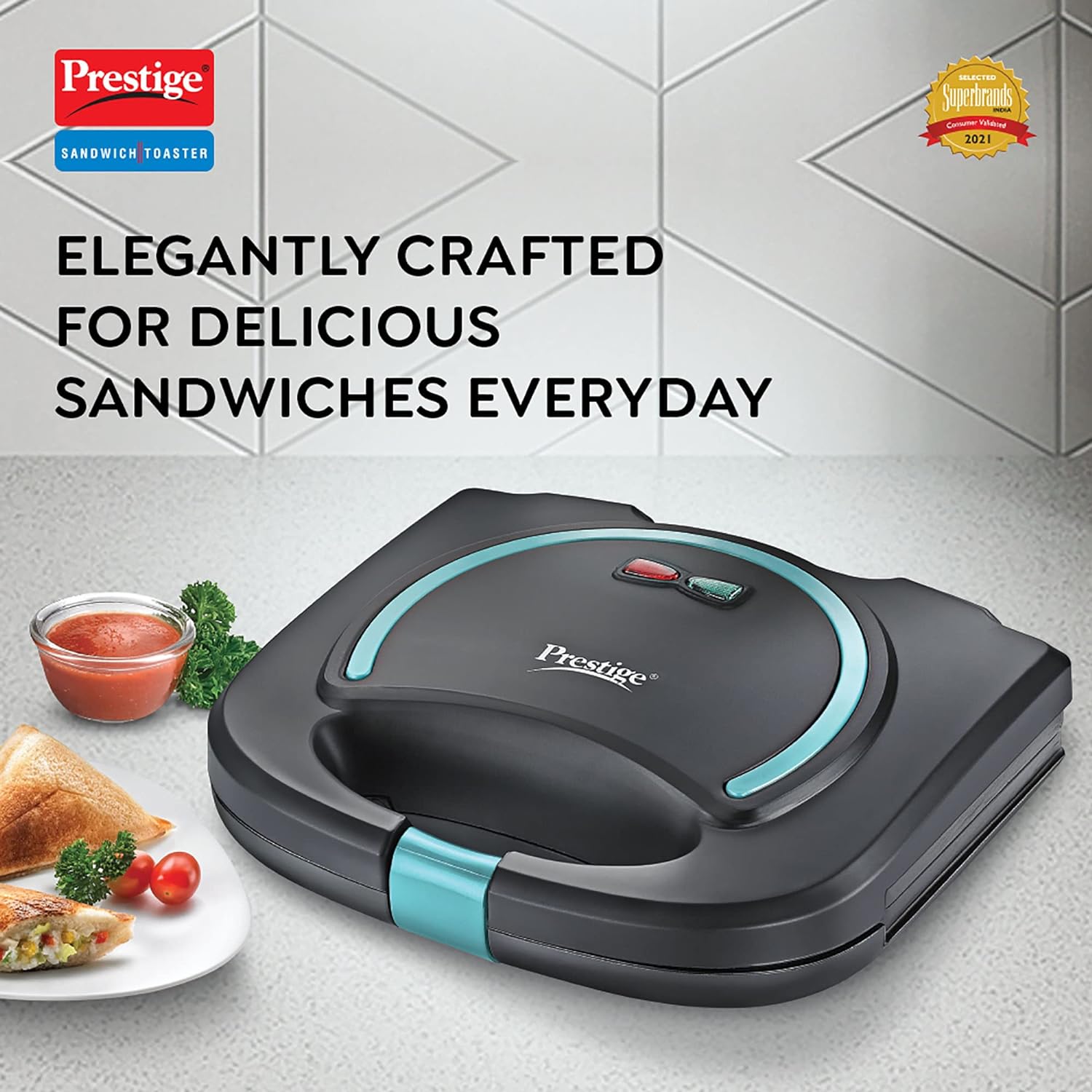 Prestige PSMFB (D) 800W Sandwich Toaster with die cast Aluminium Sandwich Plates|Power Indicators|Non-Stick Coating|Black|1 Year Warranty - Image 2