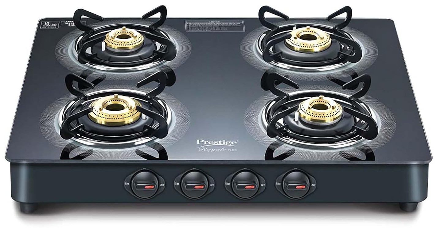 Prestige Royale Plus GT 04 Toughened Black Glass Top Gas Stove(Manual, 4 Brass Burners, Black, Baati/Tandoor Stand Inside)