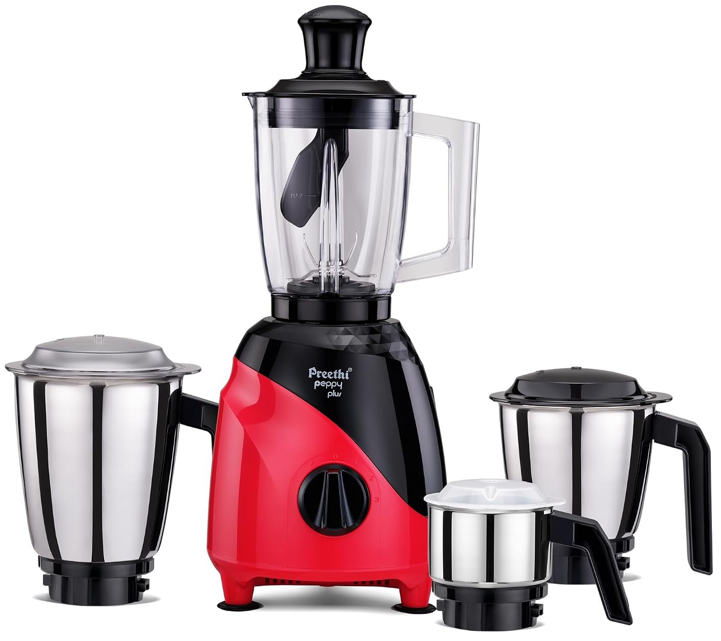 Preethi Peppy Plus MG-246 Mixer Grinder, 750 watt, Red-Black, 4 Jars - Super Food Jar with Texture Builder & 3D Airflow Technology, Vega W5 Motor with 5yr Warranty & Lifelong Free Service, Standard